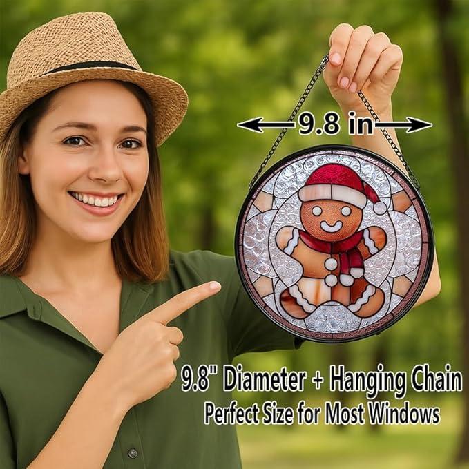 Stained Glass Window Hanging – 9.8 in Gingerbread Man Santa Panel with Chain， Bathroom Front Door Living Room Garden Xmas Decor， Gift for Mom Wife Lovers