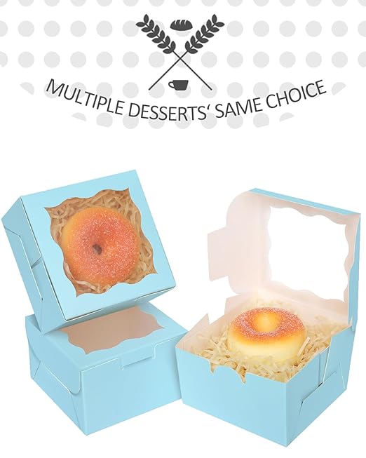 qiqee Light Blue Bakery Box with Window 4x4x2.5 inch 30Packs Macaron Boxes Small Donut Pastry Boxes for Party Mini Cookie Boxes