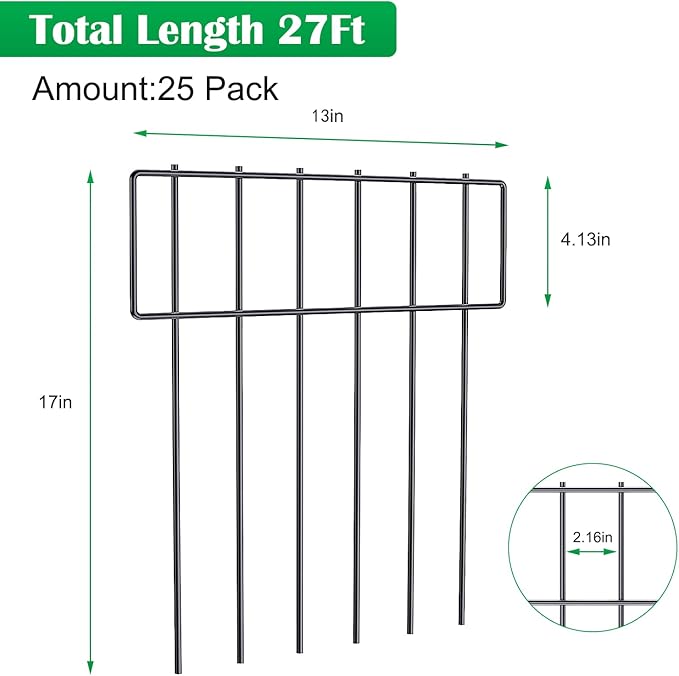25 Pack Animal Barrier Fence, 17 in(H) X 27 Ft(L) Decorative Garden Fence, Rustproof Metal Wire Garden Border Fence, Dog Rabbits Ground Stakes Fence for Garden.