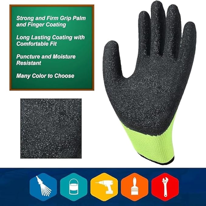 OTECKO Safety Work Gloves with Latex Rubber Coating, Non-Slip Grip, Breathable and Washable, Pack of 10 Pairs