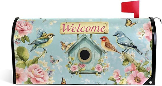 ALAZA Welcome Spring Birds Flowers Floral Magnetic Mailbox Cover Birdhouse MailWraps Garden Yard Home Decor for Outside Oversized-25.5" x20.8"