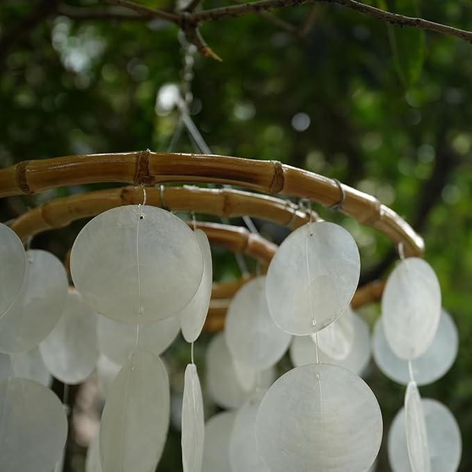 Capiz Shell Large Wind Chime for Outside Sea Glass Wind Chime Ocean/Beach Themed Chime Gift for Women Mother’s Day Decoration-White，32"*11"