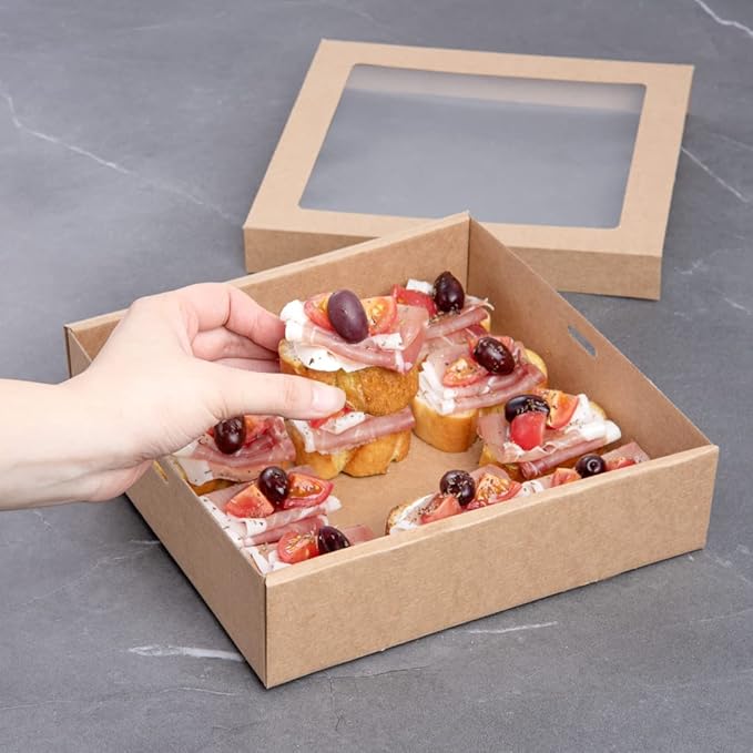 Restaurantware Cater Tek 9 x 9 x 2.4 Inch Catering Boxes 10 Insert Tab Lock Baked Goods Boxes - Window Lids Easy Assembly Kraft Paper Window Pastry Boxes For Charcuterie Or Cupcakes