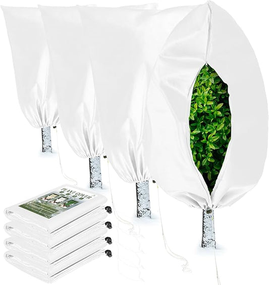 Homimp Plant Covers Freeze Protection, 4 Pack Frost Covers with Zipper Drawstring (23.6" x 31.5") Plant Protection Cover Bags for Outdoor Winter Frost Cold Weather Shrubs Trees Jacket Covers(White)