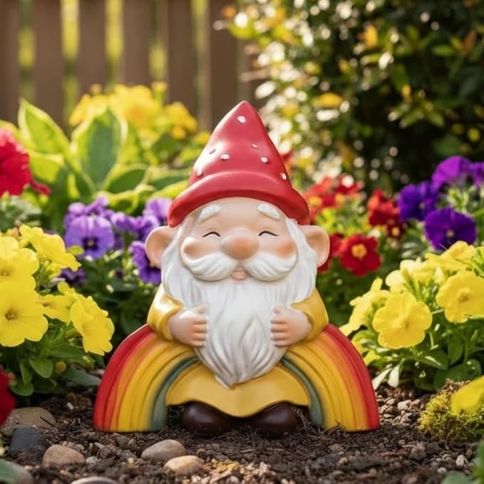 Christmas Santa Gnome Statue with Polka Dot Hat, Colorful Rainbow Base, Indoor Outdoor Decorations, Cheerful Guardian for Garden Porch Patio Yard, Home Decor Housewarming Christmas Party Gift (Red)