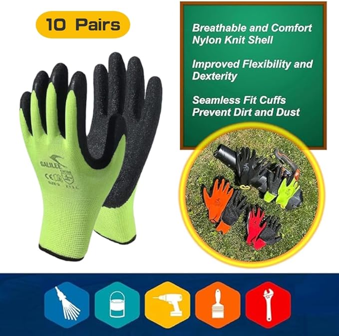 OTECKO Safety Work Gloves with Latex Rubber Coating, Non-Slip Grip, Breathable and Washable, Pack of 10 Pairs