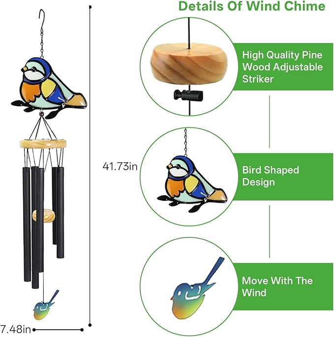 Wind Chimes for Outside Metal Aluminum 41.7" Inches Wind Chime with Brid Outdoor Decor Large Unique Chimes for Outside Festivals/Birthday for Mom Dad Grandma Home Garden Patio Decor