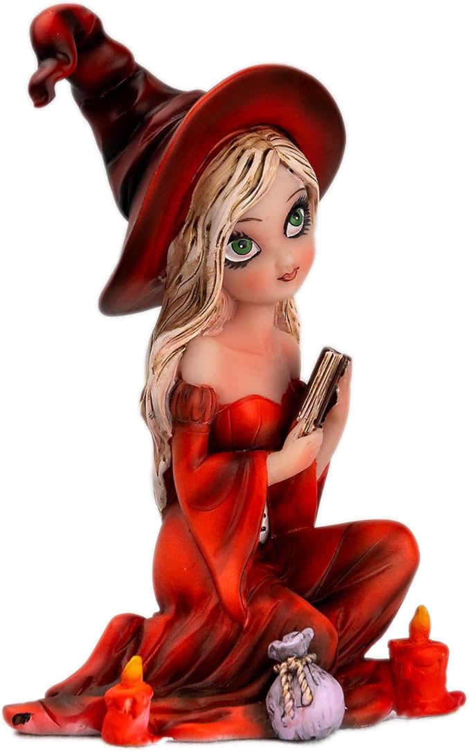 WingsHalloween Witch Resin Statue - Handheld Book Ornament (Red Hat and Red Dress) Living Room Bookshelf Magic Theme Home Decoration Birthday Gift Festival Party