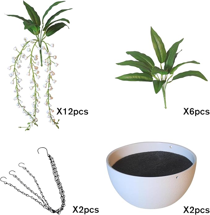 alyptus Hanging Planters for Indoor Plants Fake Flowers - 2-Pack Artificial Hanging Lily of The Valley with Pot - White Faux Flowers in Planters for Indoor Décor