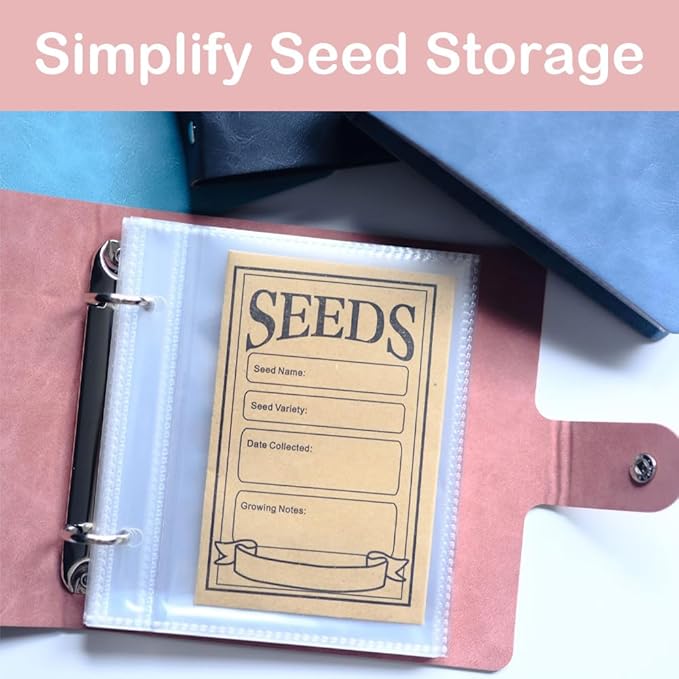 Seed Storage Organizer Binder, Leather Seed Packet Organizer with 50 Clear Pockets(25 Pack Sheet Sleeves) and 50 Pack Seed Envelopes, Garden Seed Holder Book, Plant Seed Saver, Flower Seed Keeper