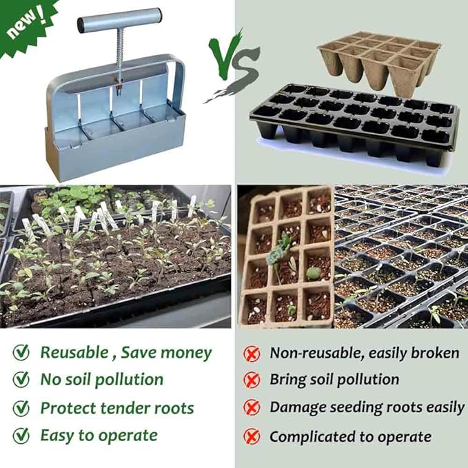 Handheld Soil Blocker Tool Kit - 4 Cell Heavy Duty 2 Inch Seed Starter Block Maker for Seedlings, Cuttings, Greenhouses and Gardens (Ergonomic Design, Durable Metal Construction)