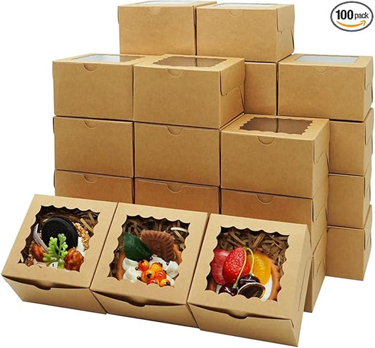 100pcs Cookie Boxes 4x4x2.5 Inch Bakery Boxes with Window Treat Box Dessert Box for Wedding Favors Party - Brown