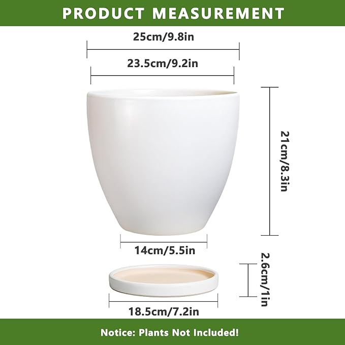 Ceramic Planter - 10 Inch Plant Pot with Drainage Hole and Tray, Flower Pot Planters for Indoor Plants, Modern Room Garden Patio Bathroom Living Room Porch Home Decor， White