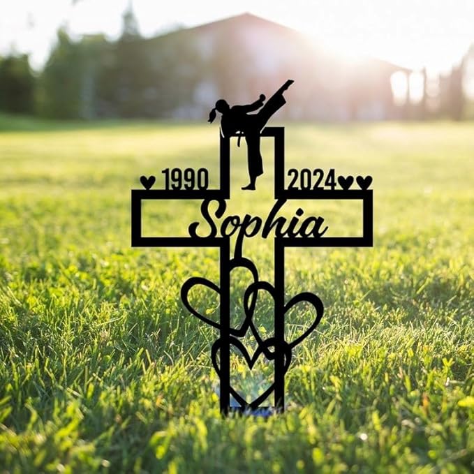 Personalized Karate Memorial Metal Stake – Custom Martial Arts Grave Marker, Sympathy Sign, Outdoor Garden Decor (Female Karate Memorial)