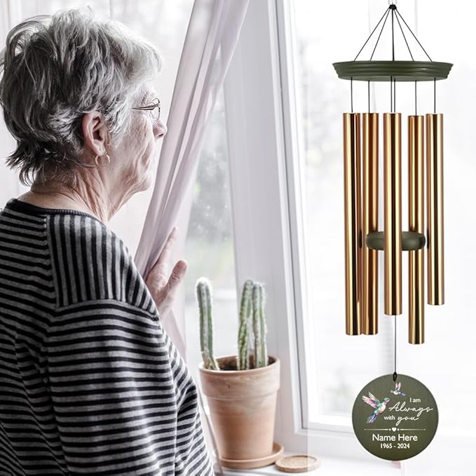 Sympathy Wind Chimes, Personalized Hummingbird Wind Chimes, 36inch Memorial Gifts for Loss of Loved Mom/Dad, Windchime in Loving Memory, Garden Decor Outside (Produced in USA)