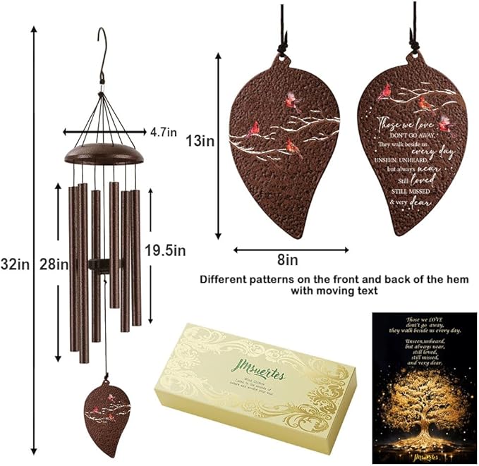 Memorial Sympathy Wind Chimes for Loss of Loved One 32'', Cardinal Wind Chimes in Memory of a Loved One, Cardinal Memorial Gifts, Bereavement Condolence Remembrance Gifts,Bronze