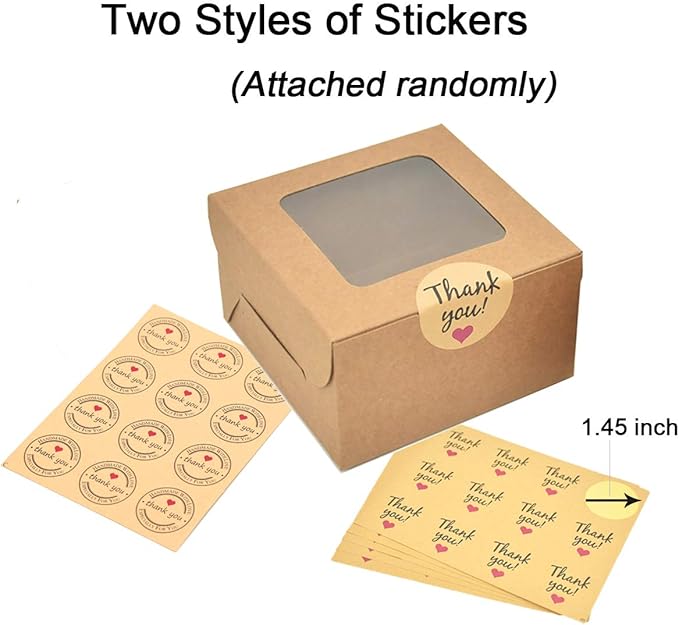 LINSHRY 50 Pack Brown Bakery Boxes, 4x4x2.5 Inches Small Pastry Treat Boxes with Window Gift Packaging Boxes for Cookies, Pastries, Mini Cakes, Donut, Pie Slice, Stickers Included
