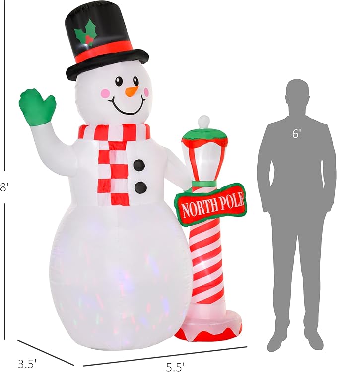 HOMCOM 8ft Christmas Inflatables Outdoor Decorations Snowman with North Pole Sign, Blow-Up Yard Christmas Decor with LED Rotating Colorful Lights Display