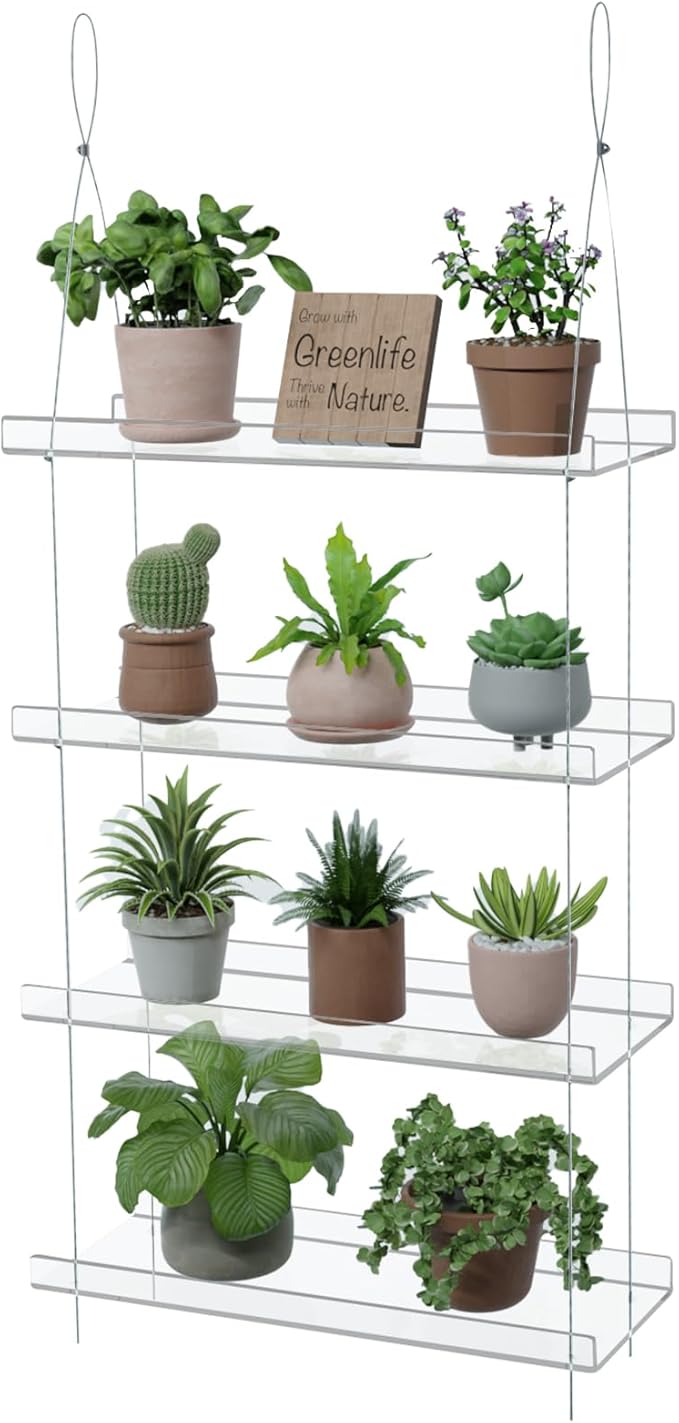 4-Tier Acrylic Window Plant Shelf, 16 Inch Wide Adjustable Hanging Shelf for Succulents, Seed Starters, Herbs, Microgreens