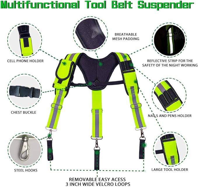 AISENIN Carpenter Tool Belt Suspenders, Heavy Duty Tool Belt Suspenders Reflective Safety Suspenders