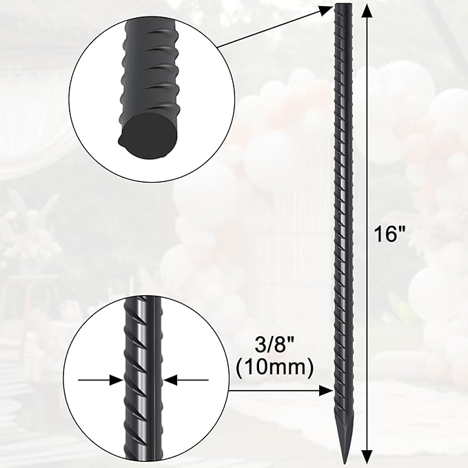 16 Inch Rebar Stakes 16 Pack Heavy Duty 3/8 Inch Diameter Ground Anchors, Landscpe Timber Spikes with Chisel Point End, Straight Metal Stakes for Concrete Forming, Garden Plant, Camping Tent, Black