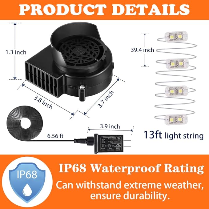 Inflatable Fan Replacement 12V 1.2A, Mini Air Blower Fan with 12V 1.5A Adapter and 3 LED Bulbs for Halloween Christmas Inflatable Outdoor Yard Decorations