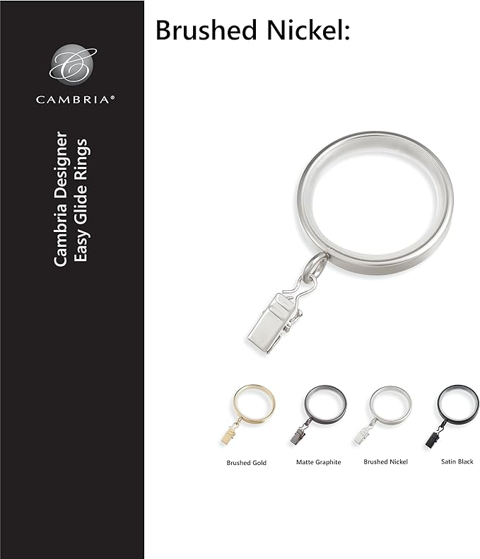 MODE Cambria Designer Series - Premium Easy Glide 18 Count Curtain Rings - Metal with Smooth, Quiet Nylon Inserts with Clips - 2 inch Diameter (1-5/8 inch Inside Diameter) - Brushed Nickel