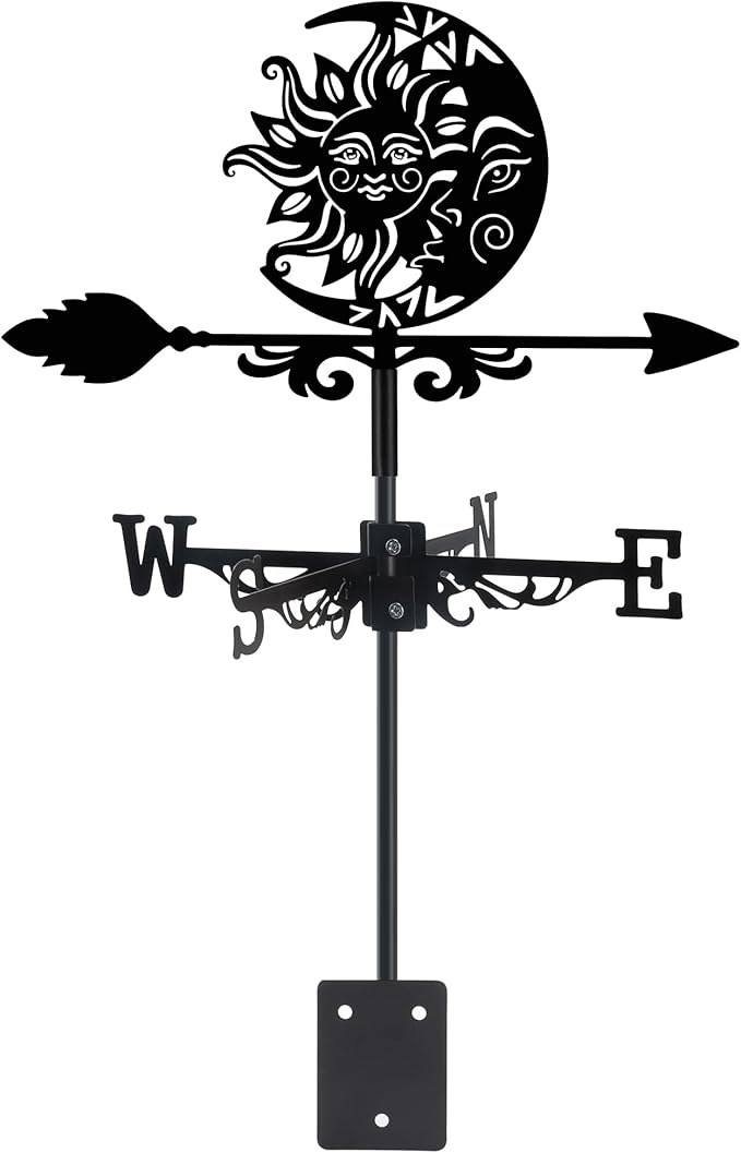 Sun and Moon Face Weather Vane, Black Metal Weathervane Roof Mount, Wind Direction Indicator Wind Measuring Tool Outdoor, Wind Vane Ornament Decoration for Shed Garden Yard Farmhouse Patio Decor