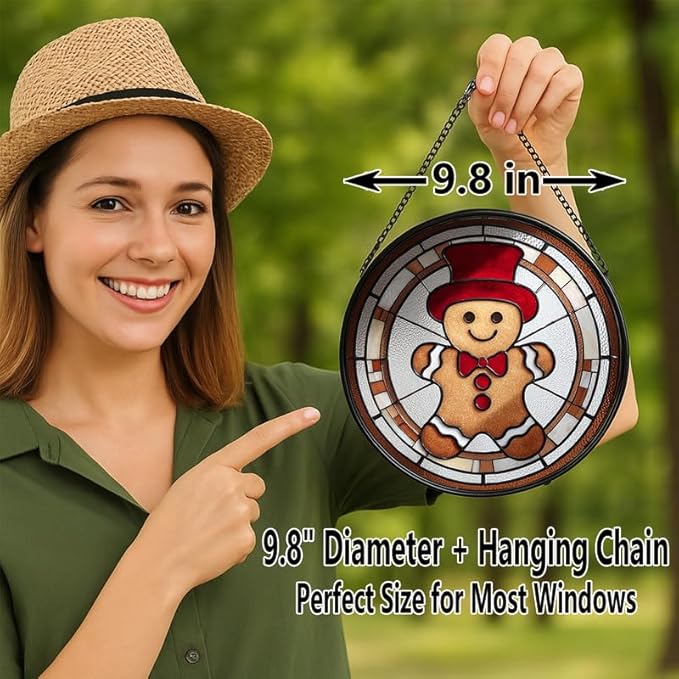 Stained Glass Window Hanging – 9.8 in Gingerbread Man Panel with Chain， Bathroom Front Door Living Room Garden Decor， Christmas for Mom Wife Lovers