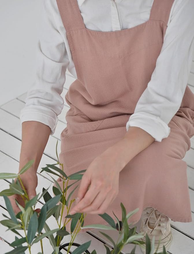 Cotton Linen Apron Cross Back Japanese Smock for Women Cooking With Pockets Pinafore Dress Kitchen Baking Gardening