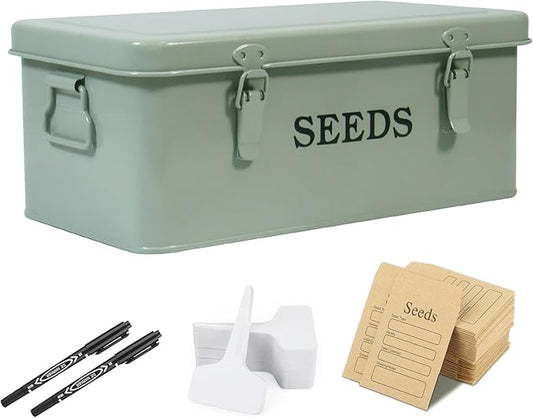 Seed Storage Organizer,Metal Seed Saving Box with Lid and Safety Locks, 4 Compartment Seeds Saver Kit with 2 Pens,20 Plant Labels and 50 Seeds Envelopes, Green Gardening Gift