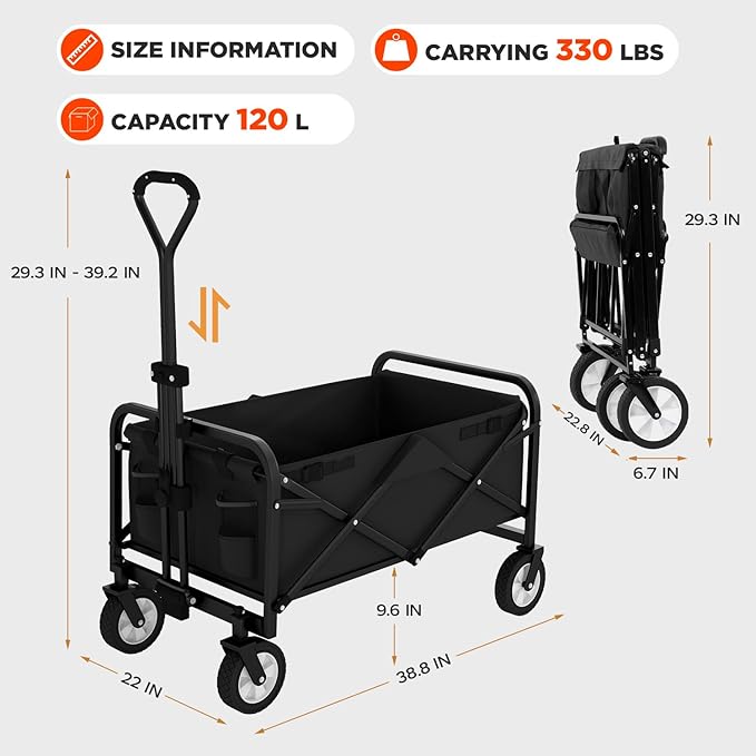 PayLessHere | Collapsible Wagon Cart with Wheels | Black | Heavy Duty Foldable Utility Cart with 330 lb Capacity | with All-Terrain Wheels & Adjustable Handle for Outdoor, Garden, Beach, Shopping