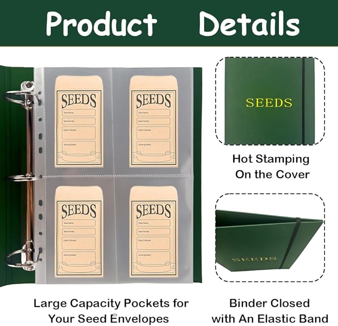 Extra Large Seed Storage Organizer Binder with 200 Clear Pockets(50 Pack Sheet Sleeves), 3 Ring Seed Packet Organizer, D-Ring Garden Seed Holder Book for Seed Envelopes, Plant Saver Flower Keeper