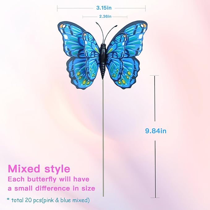 20PCS Butterfly Stakes,Plant Stakes,3D Colorful Double Wings with Bendable Stick,Ornaments Artificial Waterproof Butterfly Decorations,Garden Stake Decorations Butterflies for Flower Outdoor Indoor