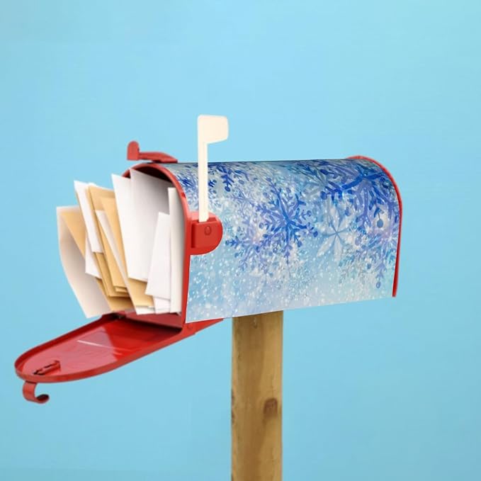 Winter Snowflakes Mailbox Cover Magnetic, Xmas Blue White Falling Snow Waterproof Mailbox Wrap Post Cover for Yard Garden Outside Home Seasonal Decor, Large Size 25.5x21 Inch