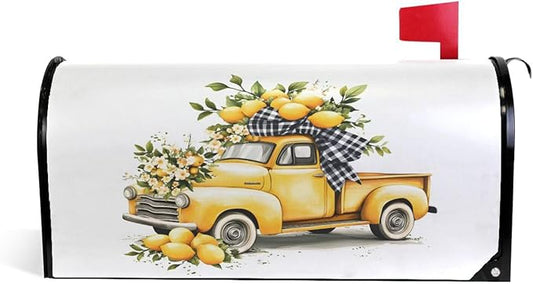 ALAZA Lemon Yellow Old Fashioned Truck Magnetic Mailbox Cover MailWraps Garden Yard Home Decor for Outside Oversized-25.5" x20.8"