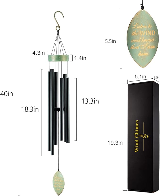 Large Wind Chimes Outdoors Deep Tone, Memorial/Sympathy Chime Gift for Mother's/Father's Day Clearance,Windchimes in Memory of A Loved One, 40in Black Bereavement Windchime Metal Garden Decor Outside