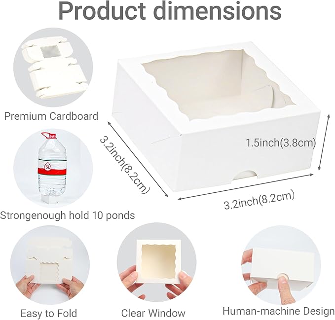 50pcs 3¼"X3¼X1½ Inch Bakery Boxes with Window Cookies Boxes Soap Box Chocolate Truffle Boxes Macaron Boxes .Dount Boxes Gift Treat Boxes for Cake Browine pastries.or gifts goodies Party Favor