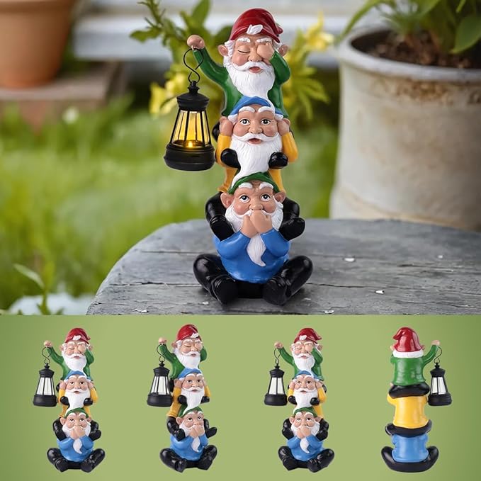 Funny Garden Gnome Statues with Solar Lights Outdoor Decorations, Triple Gnome Statues Unseen Unheard Unspeak Sculptures Outdoor Patio Lawn Yard Garden Decor Housewarming Gifts