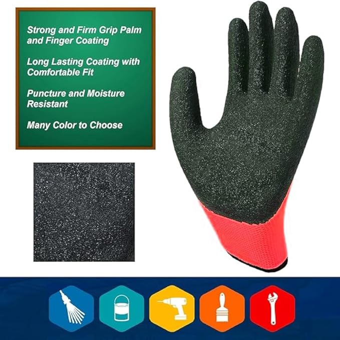 OTECKO Safety Work Gloves with Latex Rubber Coating, Non-Slip Grip, Breathable and Washable, Pack of 10 Pairs