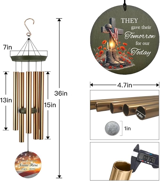 Memorial Wind Chimes, 36inch Personalized Wind Chimes, Sympathy Gifts, in Loving Memory of US Veteran/Soldier, in Loving Memory of Dad, Condolences Wind Chime (Produced in USA)