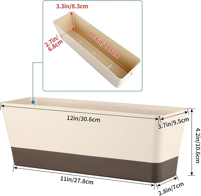 Window Box Planter with Tray, 12" Rectangle Plant Pot, Pack of 2 (Beige)