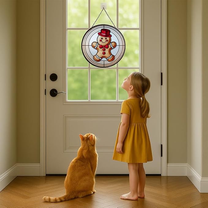 Stained Glass Window Hanging – 6.3 in Gingerbread Man Panel with Chain， Bathroom Front Door Living Room Garden Decor for Mom Wife Lovers