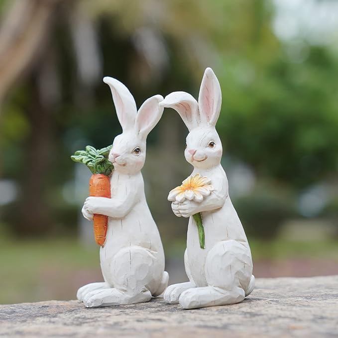 Newman House Studio Easter-Decorations Bunny-Decor Spring-Figurines Table-Centerpiece - 2PC Spring Decorations Resin Rabbits with Carrot and Flower Tabletop Ornaments for Home Farmhouse 4.5H inch
