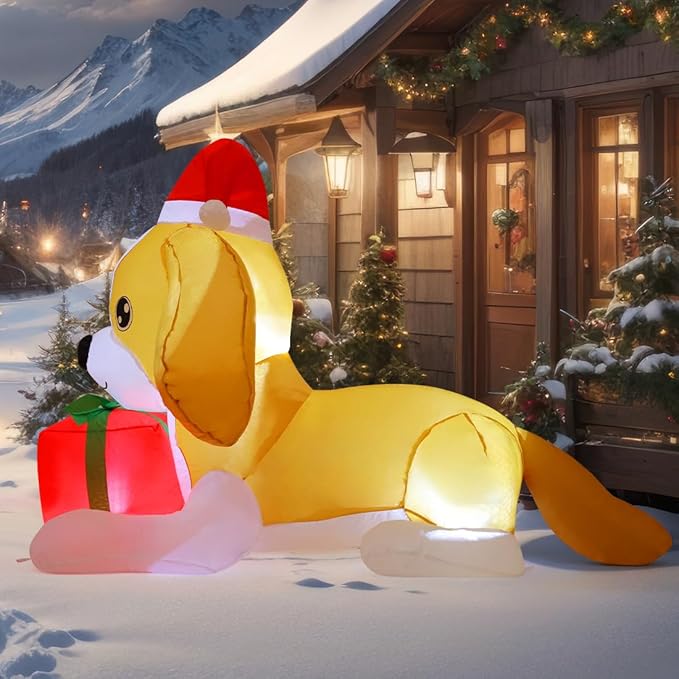 GOOSH 5 FT Long Christmas Inflatables Dog Outdoor Decorations Blow Up Yard Cute Puppy with a Box with Built-in LEDs for Xmas Garden Lawn Indoor Party Decor