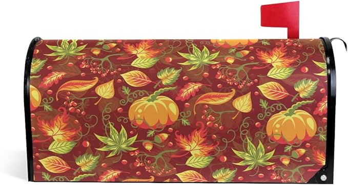 WOOR Autumn with Pumpkin Fall Leaves Magnetic Thanksgiving Mailbox Cover MailWraps Garden Yard Home Decor for Outside Oversized-25.5" x20.8"
