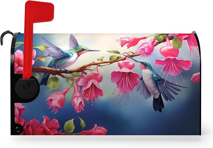 Summer Mailbox Covers Magnetic Hummingbird Flower Mailbox Post Cover Fuchsia Hybrida Floral Mail Box Wraps Bird Pink Flowers Decor Waterproof Garden Yard Standard Size 21x18 Inch