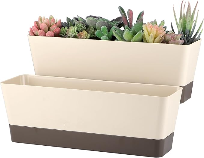 Window Box Planter with Tray, 12" Rectangle Plant Pot, Pack of 2 (Beige)