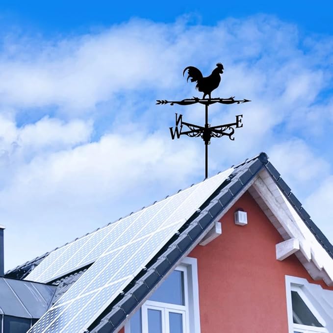 Black Stainless Steel Rooster Weathervane Roof Mount Iron Weather Vane Animal Wind Vane for Farmhouse Courtyard Garden Decor