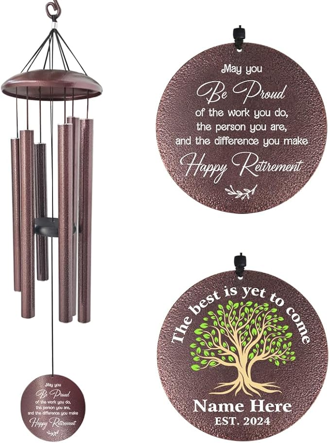 Personalized Wind Chimes, 2025 Retirement Gifts, Congratulate Retirement Gifts for Mom/Dad, Green Life Tree Metal Retirement Wind Chimes for Woman/Man Outdoor 36inch (Produced in USA)